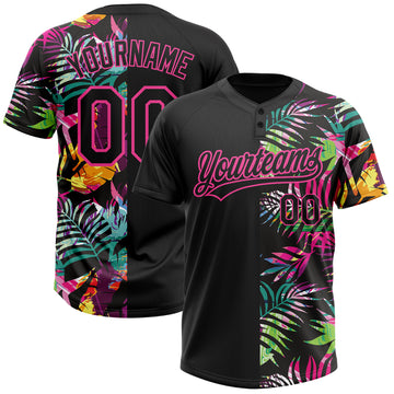 Custom Black Pink 3D Pattern Hawaii Tropical Palm Leaves Two-Button Unisex Softball Jersey