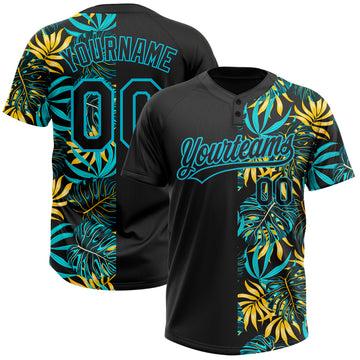 Custom Black Lakes Blue 3D Pattern Hawaii Tropical Palm Leaves Two-Button Unisex Softball Jersey