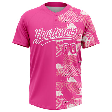 Custom Pink White 3D Pattern Tropical Palm Leaves And Famingo Two-Button Unisex Softball Jersey
