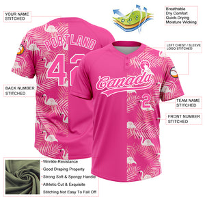 Custom Pink White 3D Pattern Tropical Palm Leaves And Famingo Two-Button Unisex Softball Jersey