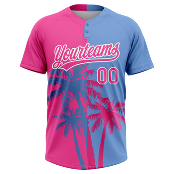 Custom Pink Light Blue-White 3D Pattern Hawaii Coconut Trees Two-Button Unisex Softball Jersey