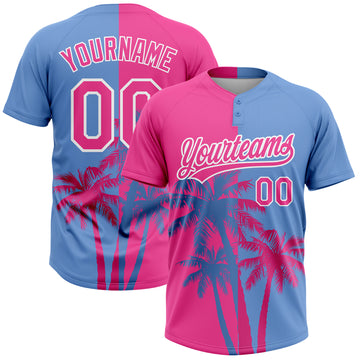 Custom Pink Light Blue-White 3D Pattern Hawaii Coconut Trees Two-Button Unisex Softball Jersey
