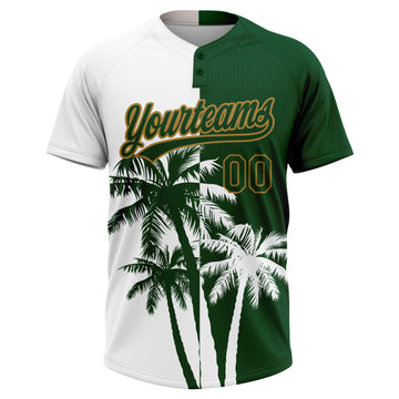 Custom White Green-Old Gold 3D Pattern Hawaii Coconut Trees Two-Button Unisex Softball Jersey
