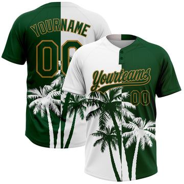 Custom White Green-Old Gold 3D Pattern Hawaii Coconut Trees Two-Button Unisex Softball Jersey