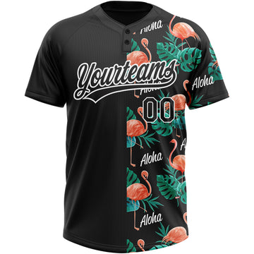 Custom Black White 3D Pattern Hawaii Flamingos And Leaves Two-Button Unisex Softball Jersey