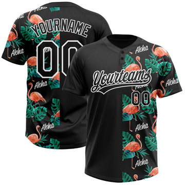 Custom Black White 3D Pattern Hawaii Flamingos And Leaves Two-Button Unisex Softball Jersey