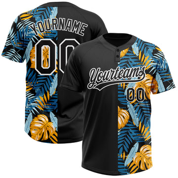 Custom Black White 3D Pattern Hawaii Tropical Leaves Two-Button Unisex Softball Jersey