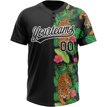 Custom Black White 3D Pattern Hawaii Tropical Tiger Two-Button Unisex Softball Jersey