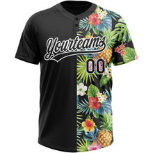 Load image into Gallery viewer, Custom Black White 3D Pattern Hawaii Tropical Pineapples, Palm Leaves And Flowers Two-Button Unisex Softball Jersey
