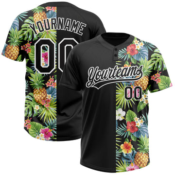Custom Black White 3D Pattern Hawaii Tropical Pineapples, Palm Leaves And Flowers Two-Button Unisex Softball Jersey