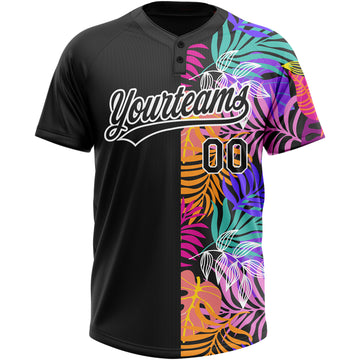 Custom Black White 3D Pattern Hawaii Tropical Palm Trees Two-Button Unisex Softball Jersey