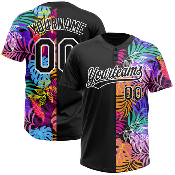 Custom Black White 3D Pattern Hawaii Tropical Palm Trees Two-Button Unisex Softball Jersey
