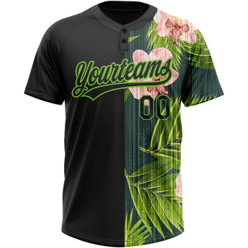 Custom Black Neon Green 3D Pattern Hawaii Tropical Palm Leaves With Orchids Two-Button Unisex Softball Jersey