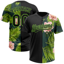 Load image into Gallery viewer, Custom Black Neon Green 3D Pattern Hawaii Tropical Palm Leaves With Orchids Two-Button Unisex Softball Jersey
