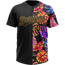 Load image into Gallery viewer, Custom Black Old Gold 3D Pattern Hawaii Tropical Palm Leaves Two-Button Unisex Softball Jersey
