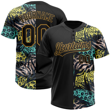 Custom Black Old Gold 3D Pattern Hawaii Tropical Palm Leaves With Animal Print Two-Button Unisex Softball Jersey