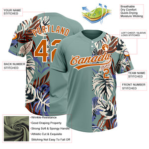 Custom Teal Texas Orange-White 3D Pattern Hawaii Tropical Palm Leaves Two-Button Unisex Softball Jersey