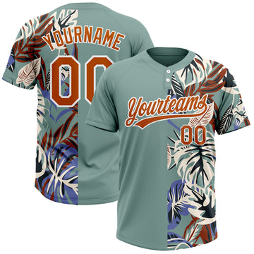 Custom Teal Texas Orange-White 3D Pattern Hawaii Tropical Palm Leaves Two-Button Unisex Softball Jersey