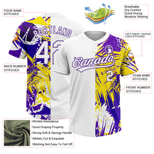 Custom White Purple 3D Pattern Tropical Palm Leaves Two-Button Unisex Softball Jersey