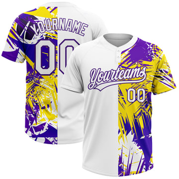 Custom White Purple 3D Pattern Tropical Palm Leaves Two-Button Unisex Softball Jersey