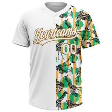 Custom White Old Gold 3D Pattern Zebras And Giraffes Two-Button Unisex Softball Jersey