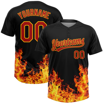 Custom Black Red-Gold 3D Pattern Design Flame Two-Button Unisex Softball Jersey