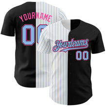 Load image into Gallery viewer, Custom Black Pink-Light Blue Pinstripe Authentic Split Fashion Baseball Jersey
