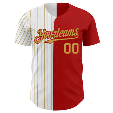 Custom Red White-Old Gold Pinstripe Authentic Split Fashion Baseball Jersey