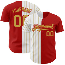 Load image into Gallery viewer, Custom Red White-Old Gold Pinstripe Authentic Split Fashion Baseball Jersey
