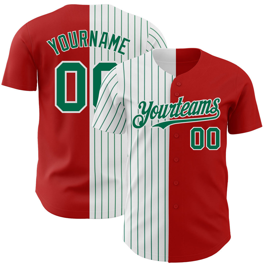 Custom Red White-Kelly Green Pinstripe Authentic Split Fashion Baseball Jersey