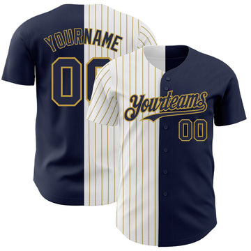 Custom Navy White-Old Gold Pinstripe Authentic Split Fashion Baseball Jersey