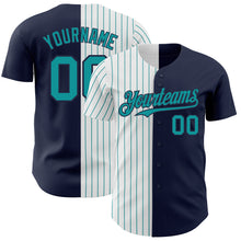 Load image into Gallery viewer, Custom Navy White-Teal Pinstripe Authentic Split Fashion Baseball Jersey
