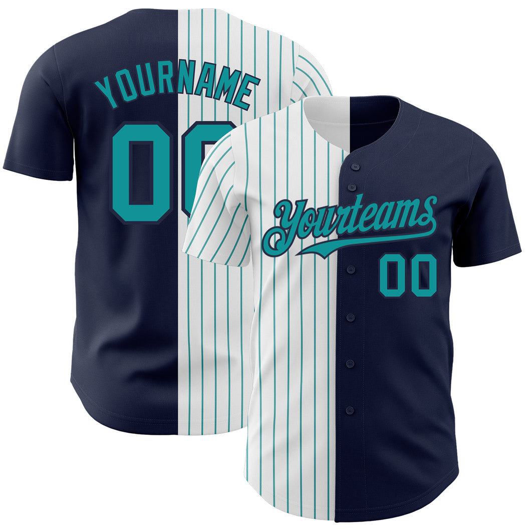 Custom Navy White-Teal Pinstripe Authentic Split Fashion Baseball Jersey