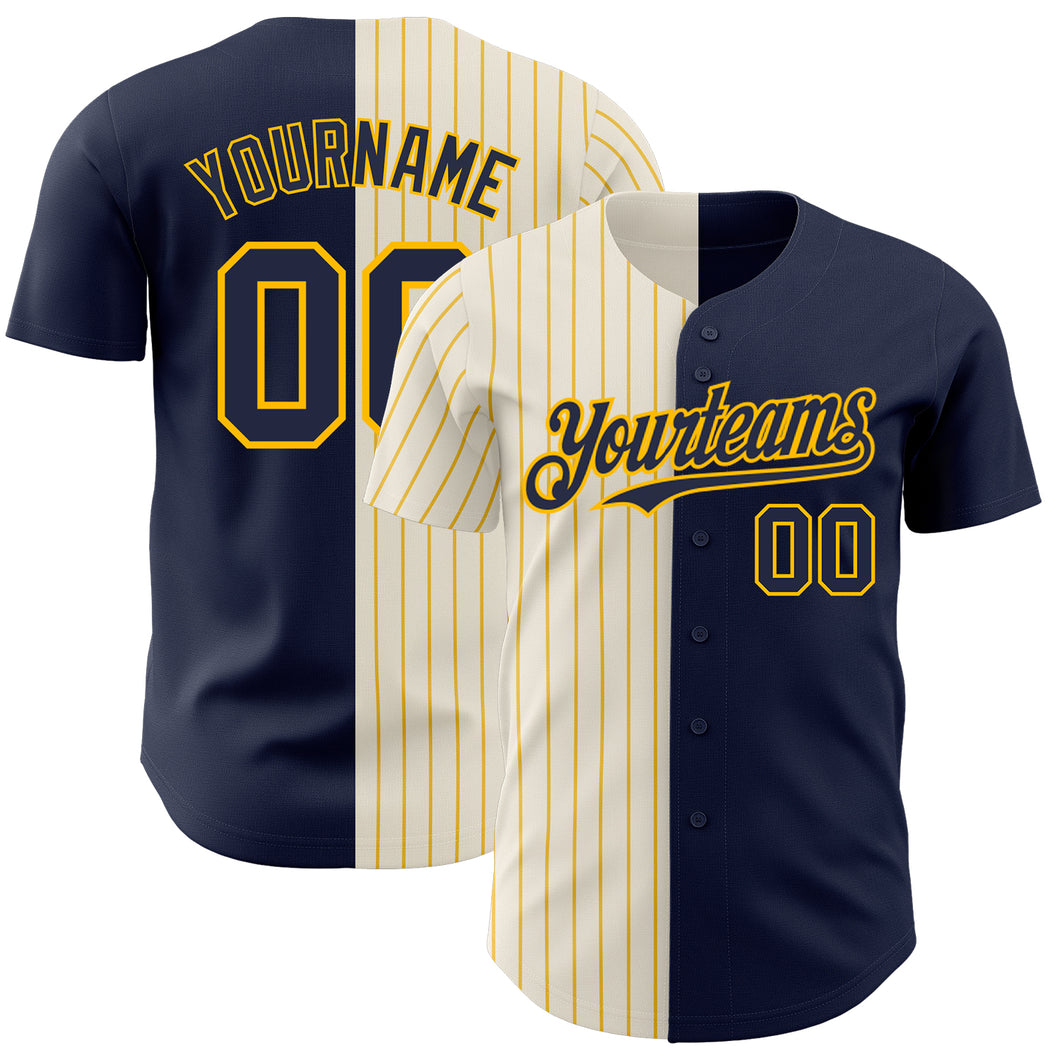 Custom Navy Cream-Gold Pinstripe Authentic Split Fashion Baseball Jersey