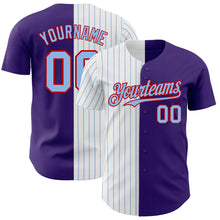 Load image into Gallery viewer, Custom Purple Red-Light Blue Pinstripe Authentic Split Fashion Baseball Jersey
