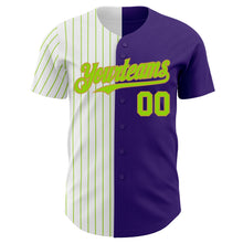 Load image into Gallery viewer, Custom Purple Old Gold-Neon Green Pinstripe Authentic Split Fashion Baseball Jersey
