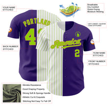 Load image into Gallery viewer, Custom Purple Old Gold-Neon Green Pinstripe Authentic Split Fashion Baseball Jersey
