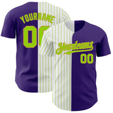 Load image into Gallery viewer, Custom Purple Old Gold-Neon Green Pinstripe Authentic Split Fashion Baseball Jersey
