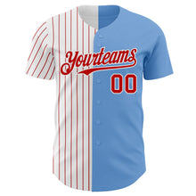 Load image into Gallery viewer, Custom Light Blue White-Red Pinstripe Authentic Split Fashion Baseball Jersey
