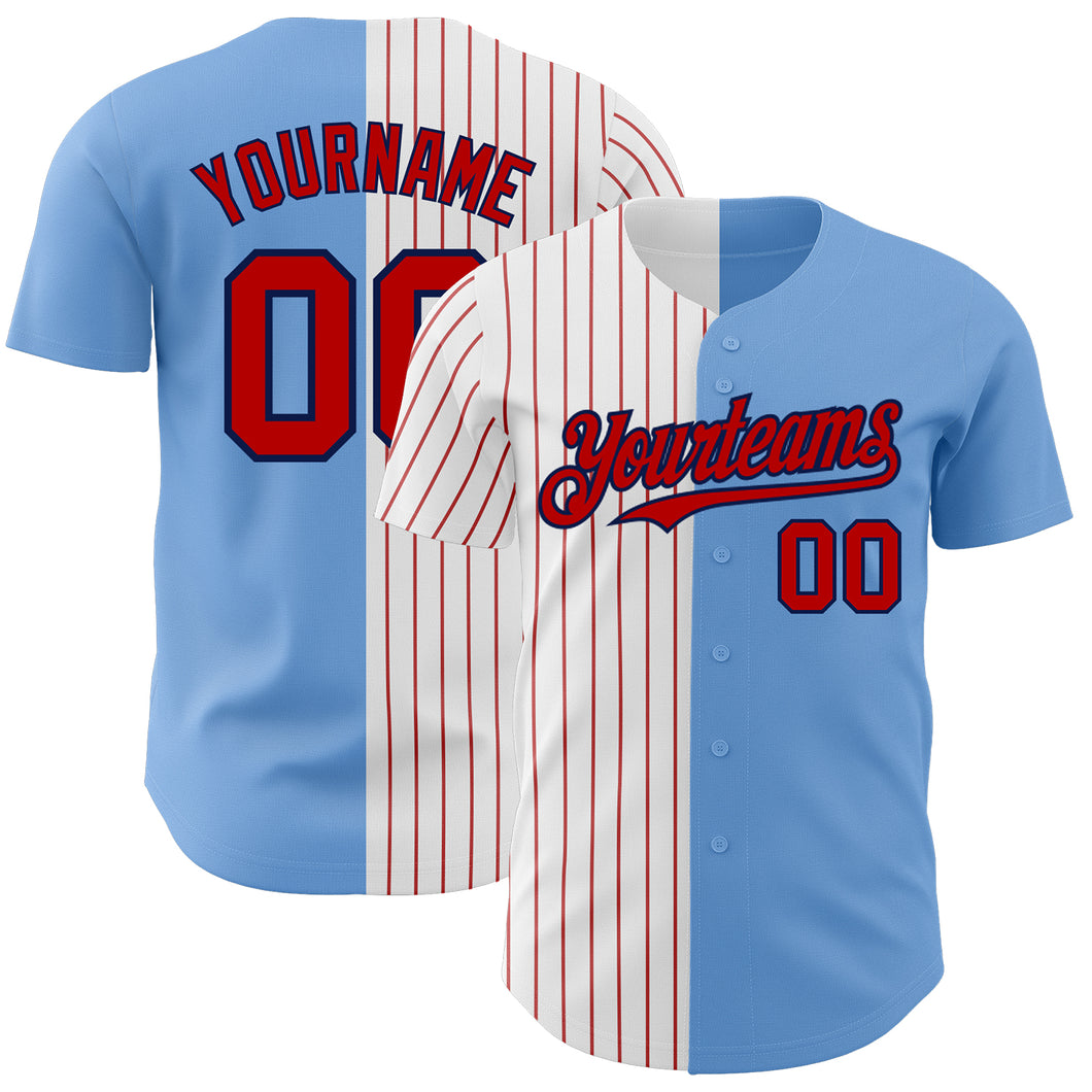 Custom Light Blue Navy-Red Pinstripe Authentic Split Fashion Baseball Jersey