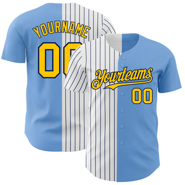 Custom Light Blue Yellow-Navy Pinstripe Authentic Split Fashion Baseball Jersey