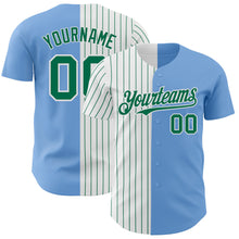 Load image into Gallery viewer, Custom Light Blue White-Kelly Green Pinstripe Authentic Split Fashion Baseball Jersey
