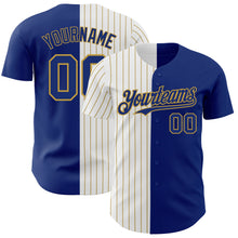 Load image into Gallery viewer, Custom Royal White-Old Gold Pinstripe Authentic Split Fashion Baseball Jersey
