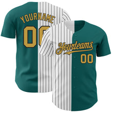 Load image into Gallery viewer, Custom Teal Old Gold-Black Pinstripe Authentic Split Fashion Baseball Jersey
