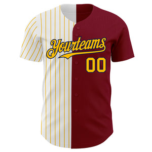 Custom Crimson Navy-Gold Pinstripe Authentic Split Fashion Baseball Jersey