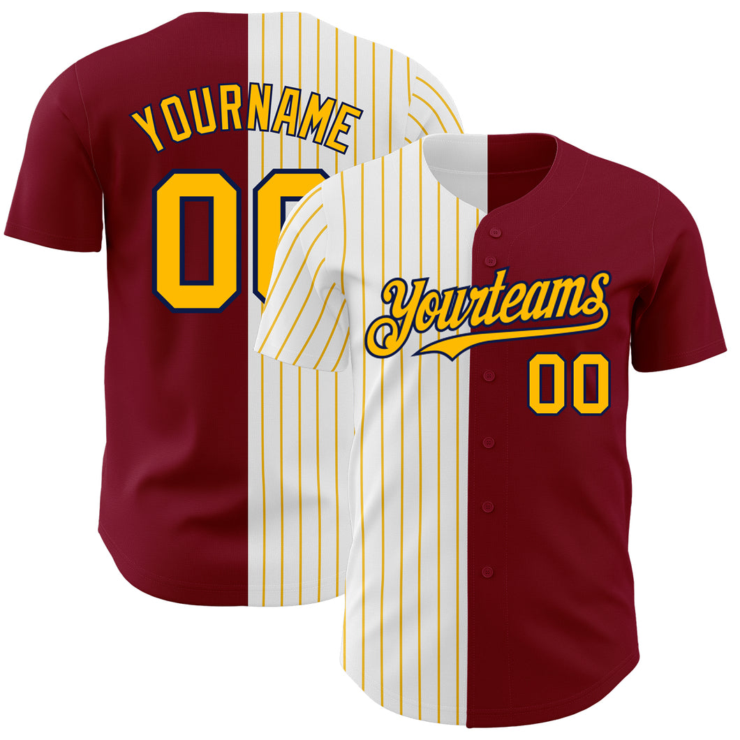 Custom Crimson Navy-Gold Pinstripe Authentic Split Fashion Baseball Jersey