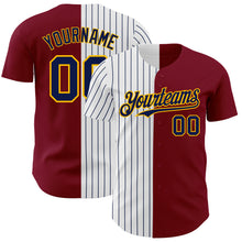 Load image into Gallery viewer, Custom Crimson Gold-Navy Pinstripe Authentic Split Fashion Baseball Jersey
