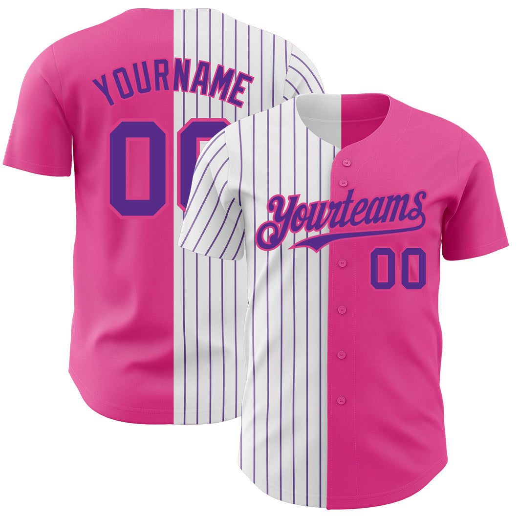 Custom Pink White-Purple Pinstripe Authentic Split Fashion Baseball Jersey