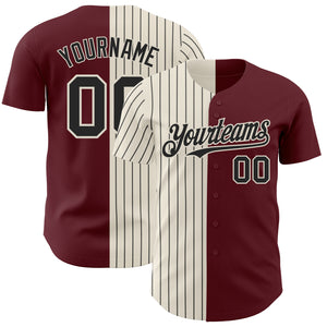 Custom Burgundy Cream-Black Pinstripe Authentic Split Fashion Baseball Jersey