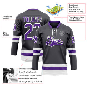 Custom Steel Gray Purple-White Hockey Lace Neck Jersey